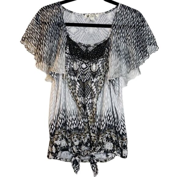 Unity Flutter Sleeve Snake Print Front tie top Black & White Size XL - Picture 2 of 6